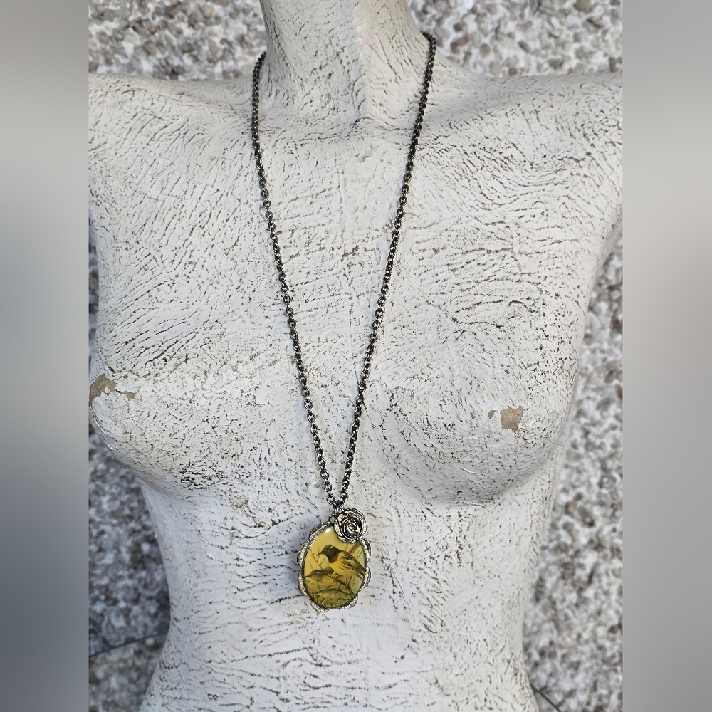 Vintage bird pendant, brass chain, rose charm, eclectic necklace